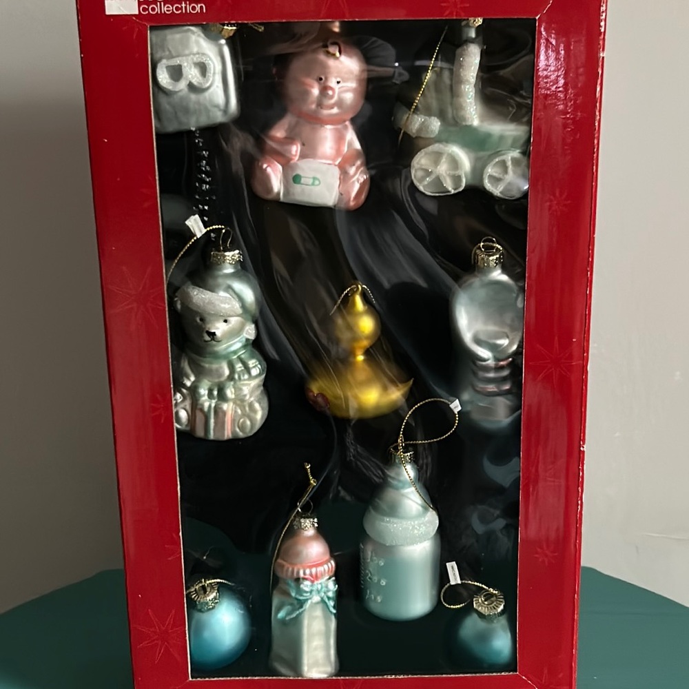 New in Box 10 Piece Newborn Baby Boy First Christmas Blown Glass Ornaments